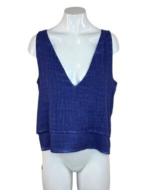 IKIKIZ Pokoloko Turkish Cotton / Linen Wide Strap V-Neck Tank Top, Tiered, Blue